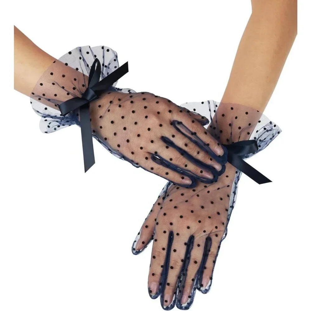 Women's Evening Beige Bow Short Lace Gloves Ruffles Wedding Party Accessories - Picture 7 of 7